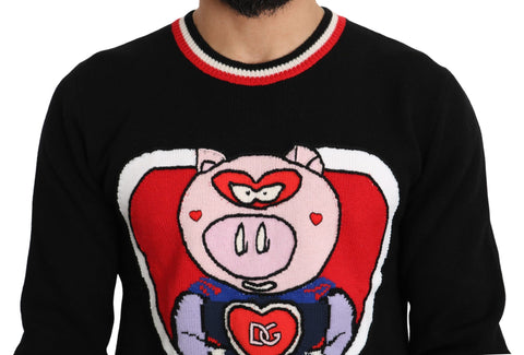 Black cashmere pig of the year Dolce & Gabbana pullover sweater with ribbed cuffs and neckline, featuring a playful pig embroidery.