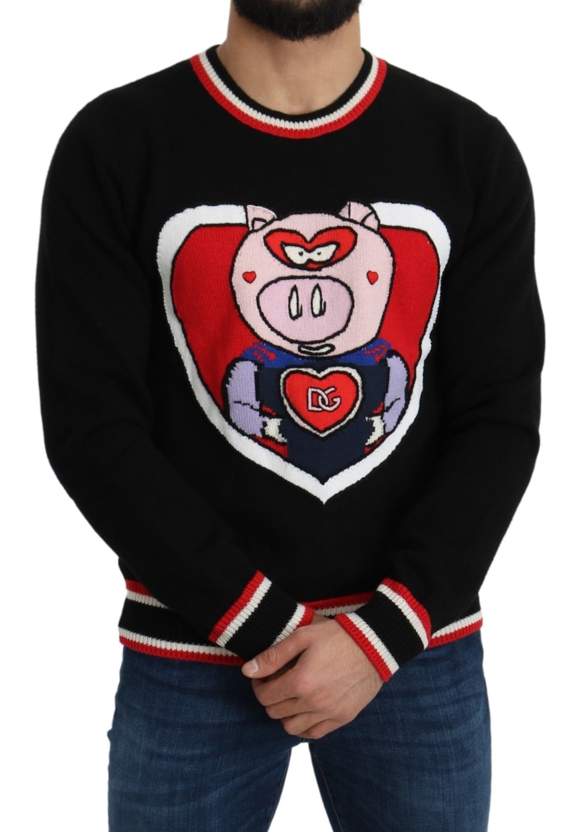 Black cashmere pig of the year pullover sweater by Dolce & Gabbana, featuring a detailed pig embroidery on the front.