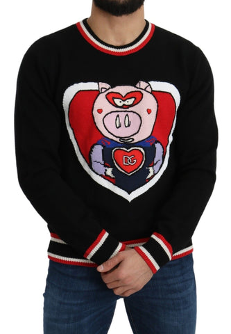 Black cashmere pig of the year pullover sweater by Dolce & Gabbana, featuring a detailed pig embroidery on the front.