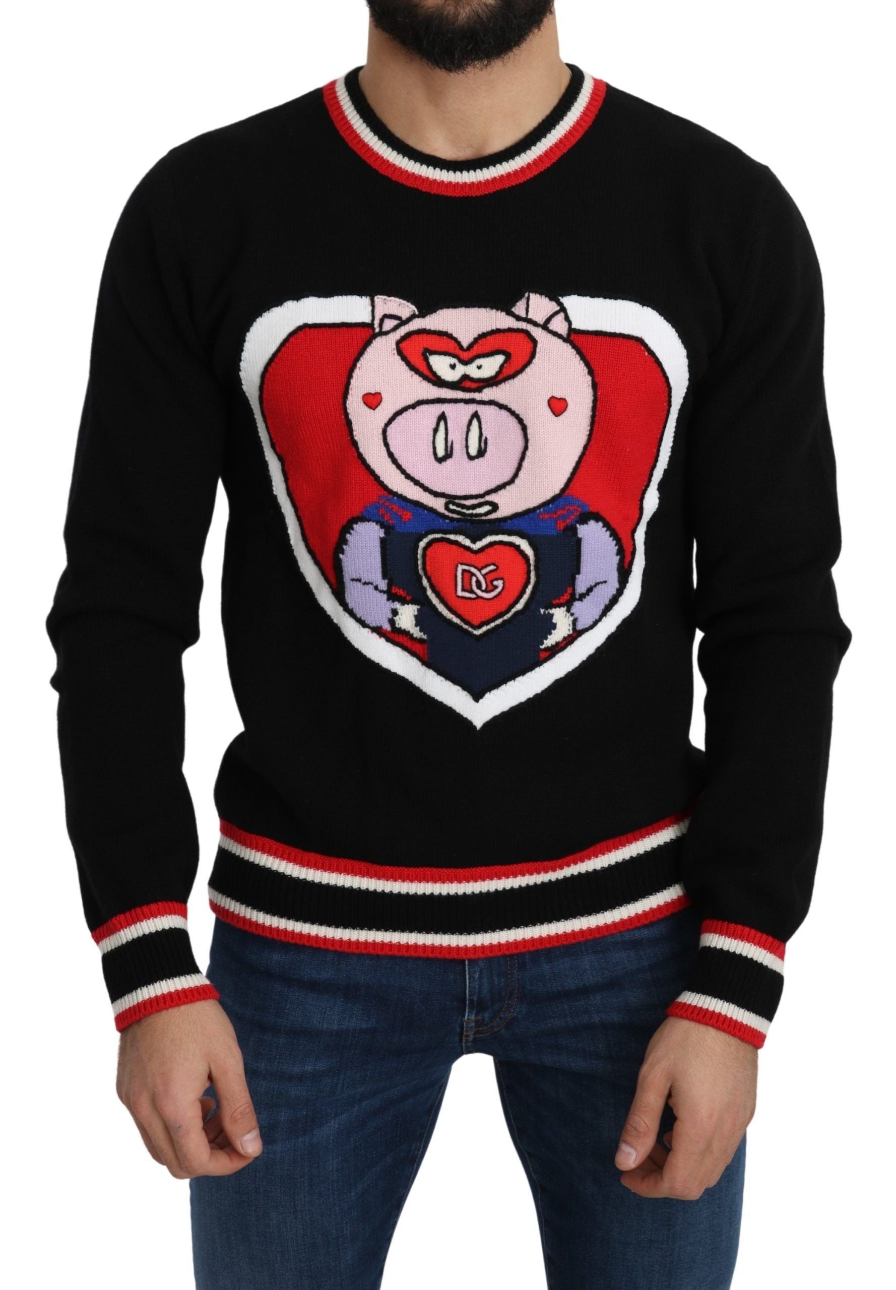 Black Dolce & Gabbana cashmere pig of the year pullover sweater with a cozy, stylish fit and detailed pig embroidery.