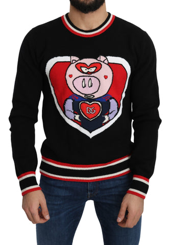 Black Dolce & Gabbana cashmere pig of the year pullover sweater with a cozy, stylish fit and detailed pig embroidery.