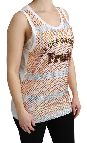 White sleeveless cotton tank top with orange crystal accents by Dolce & Gabbana, shown flat on a plain background.