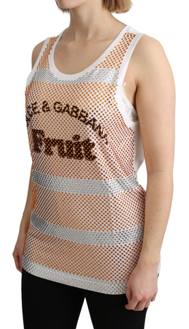 White cotton sleeveless tank top with orange crystal accents by Dolce & Gabbana, styled with a casual, chic look.