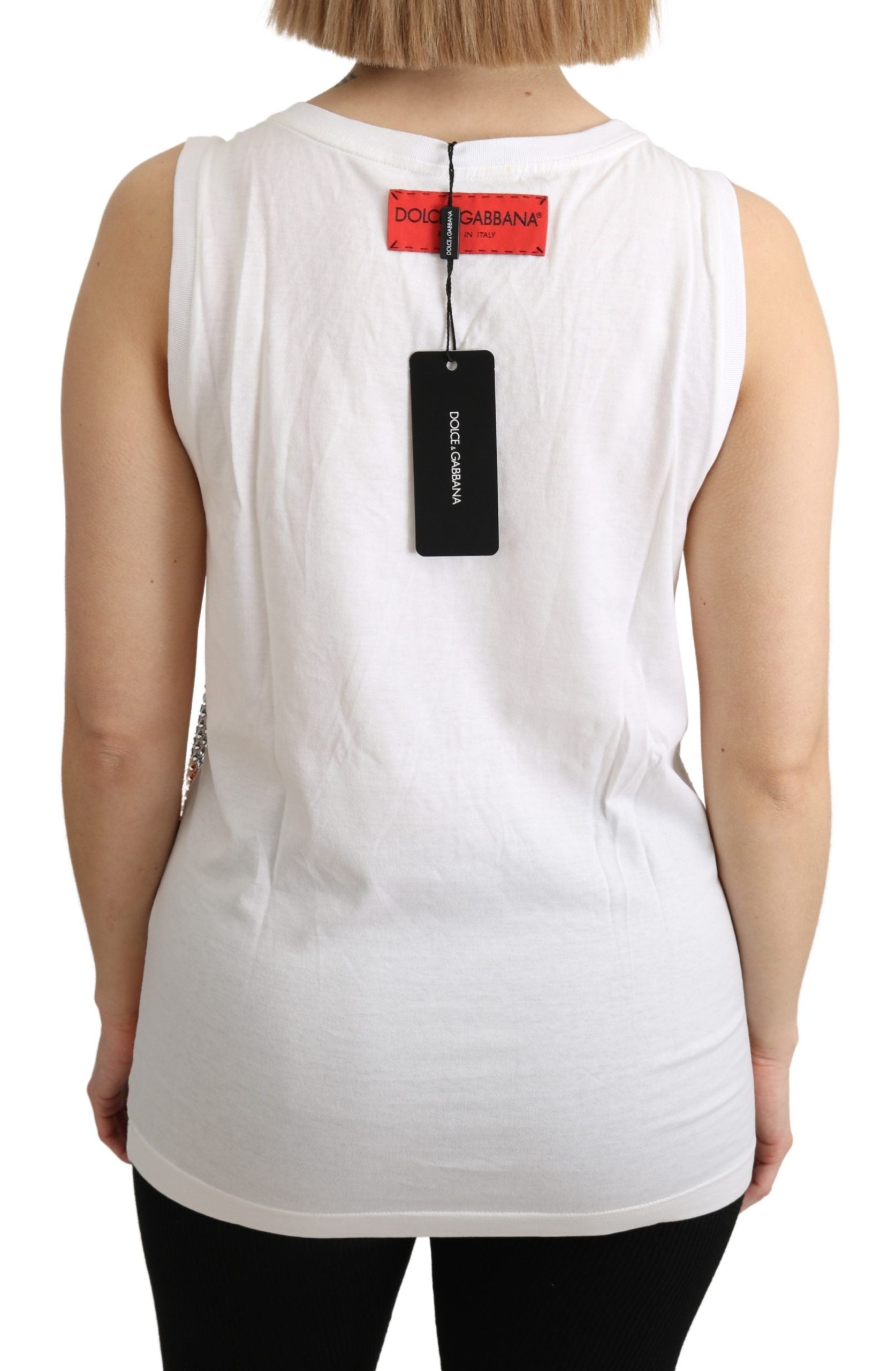 White sleeveless cotton tank top with orange crystal accents by Dolce & Gabbana, featuring a fitted design and round neckline.