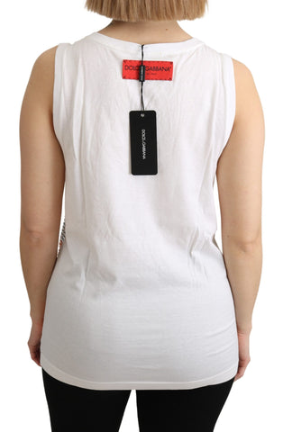White sleeveless cotton tank top with orange crystal accents by Dolce & Gabbana, featuring a fitted design and round neckline.