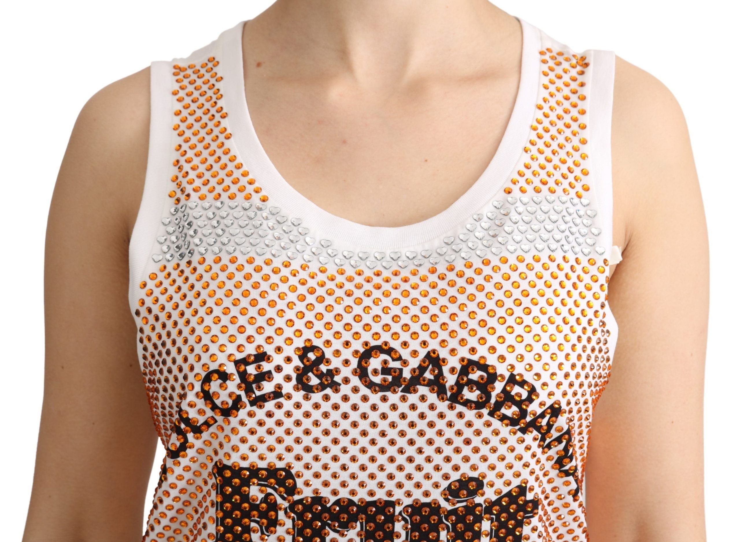White sleeveless cotton tank top with orange crystal accents by Dolce & Gabbana, casual fashion top with a stylish design.