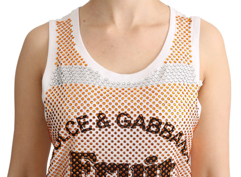 White sleeveless cotton tank top with orange crystal accents by Dolce & Gabbana, casual fashion top with a stylish design.