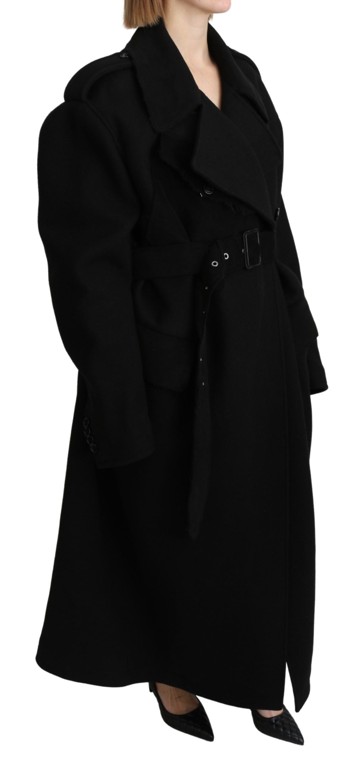 Black virgin wool blazer trenchcoat by Dolce & Gabbana, featuring tailored fit and classic design, shown on a mannequin.