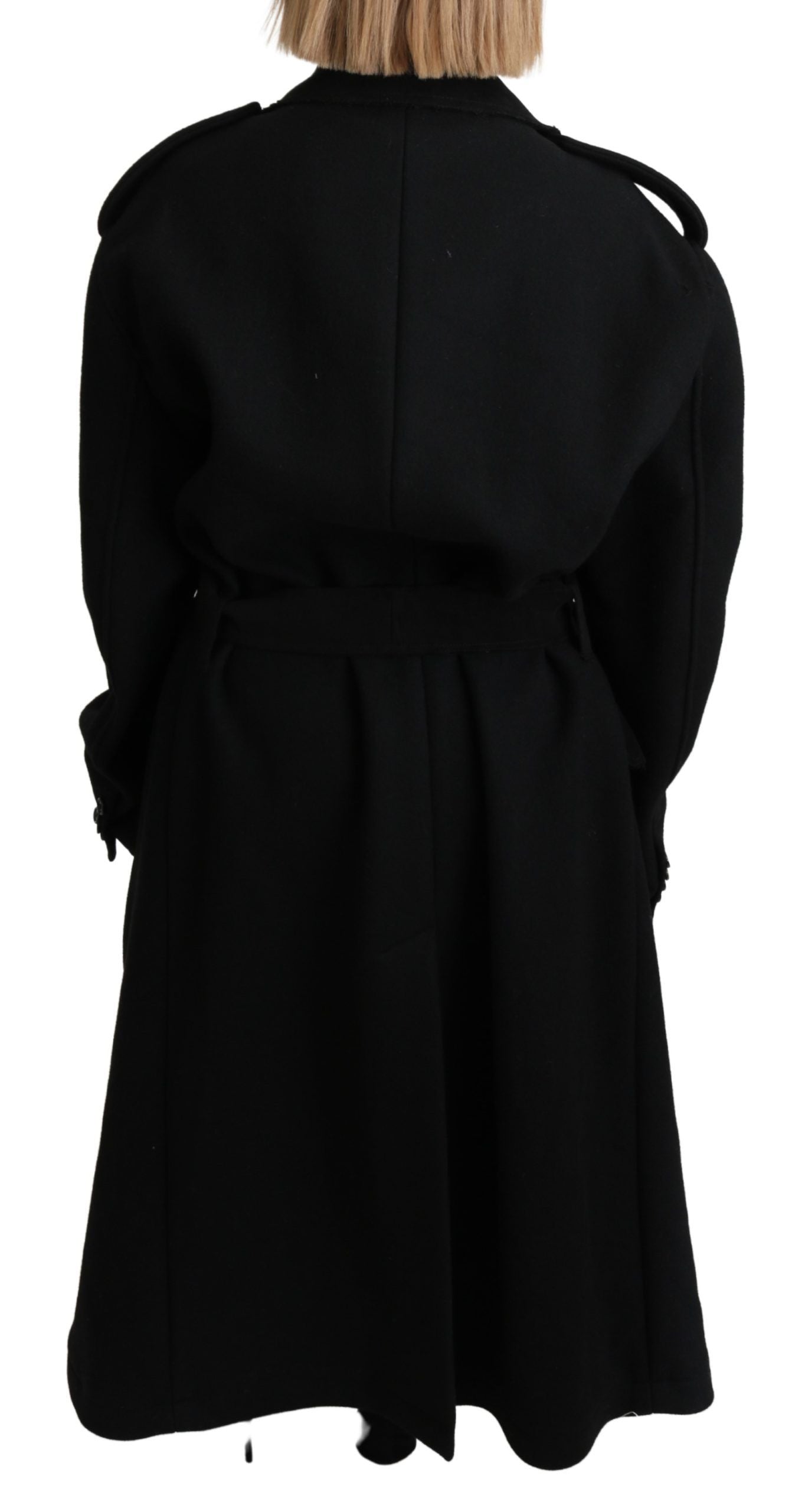 Black virgin wool blazer trenchcoat by Dolce & Gabbana, tailored fit with classic lapels and sleek design.