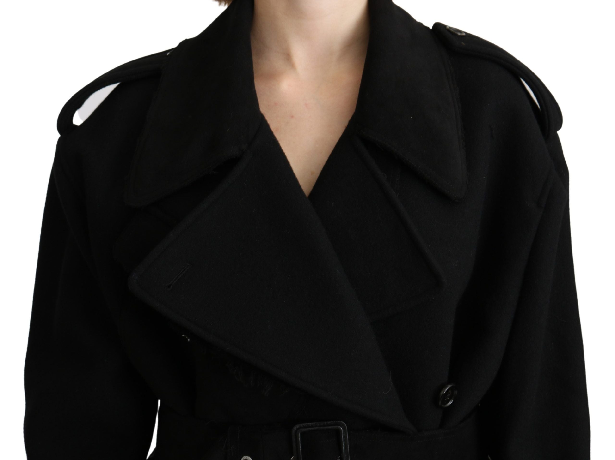 Black virgin wool blazer trenchcoat jacket by Dolce & Gabbana, featuring tailored fit and classic lapel design.