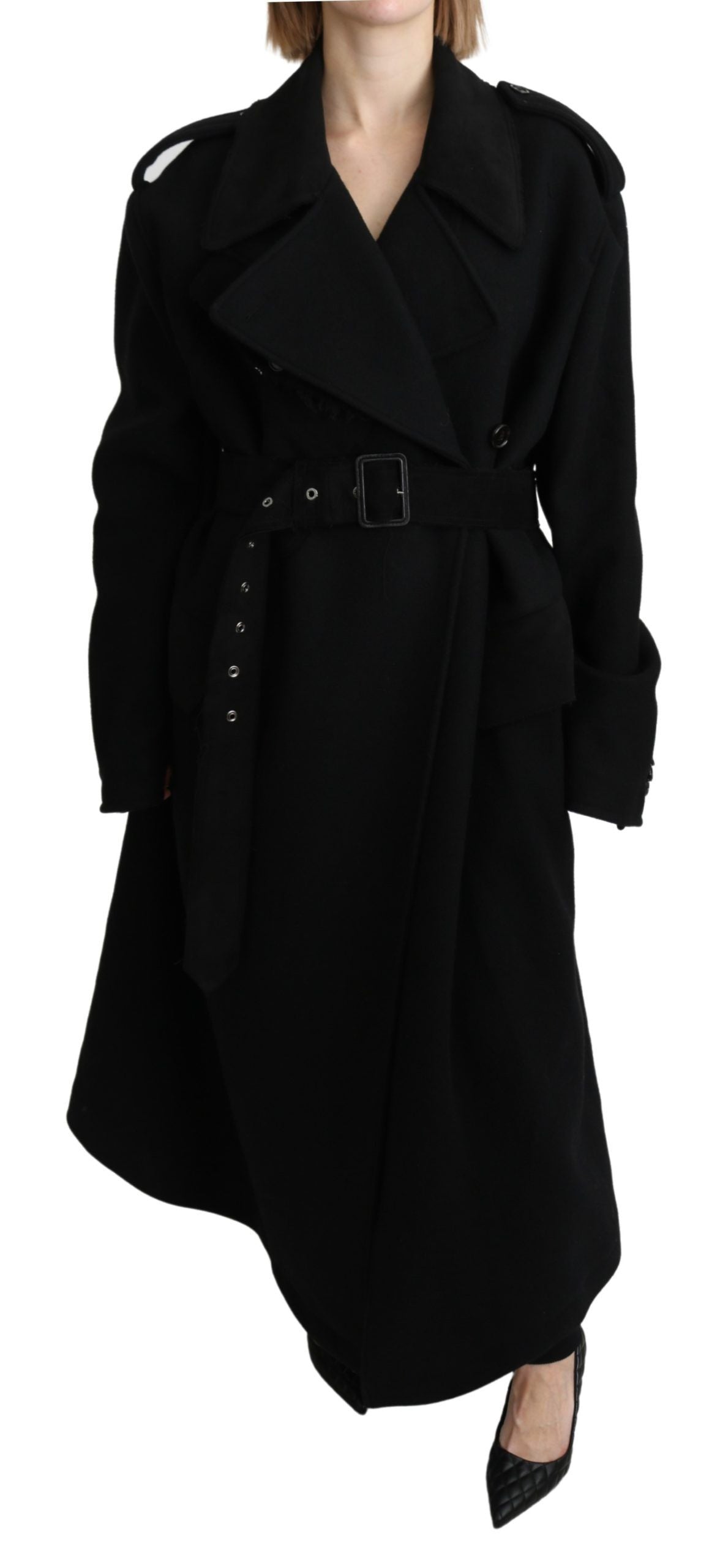 Black virgin wool blazer trench coat by Dolce & Gabbana, tailored fit with classic lapels and structured design.