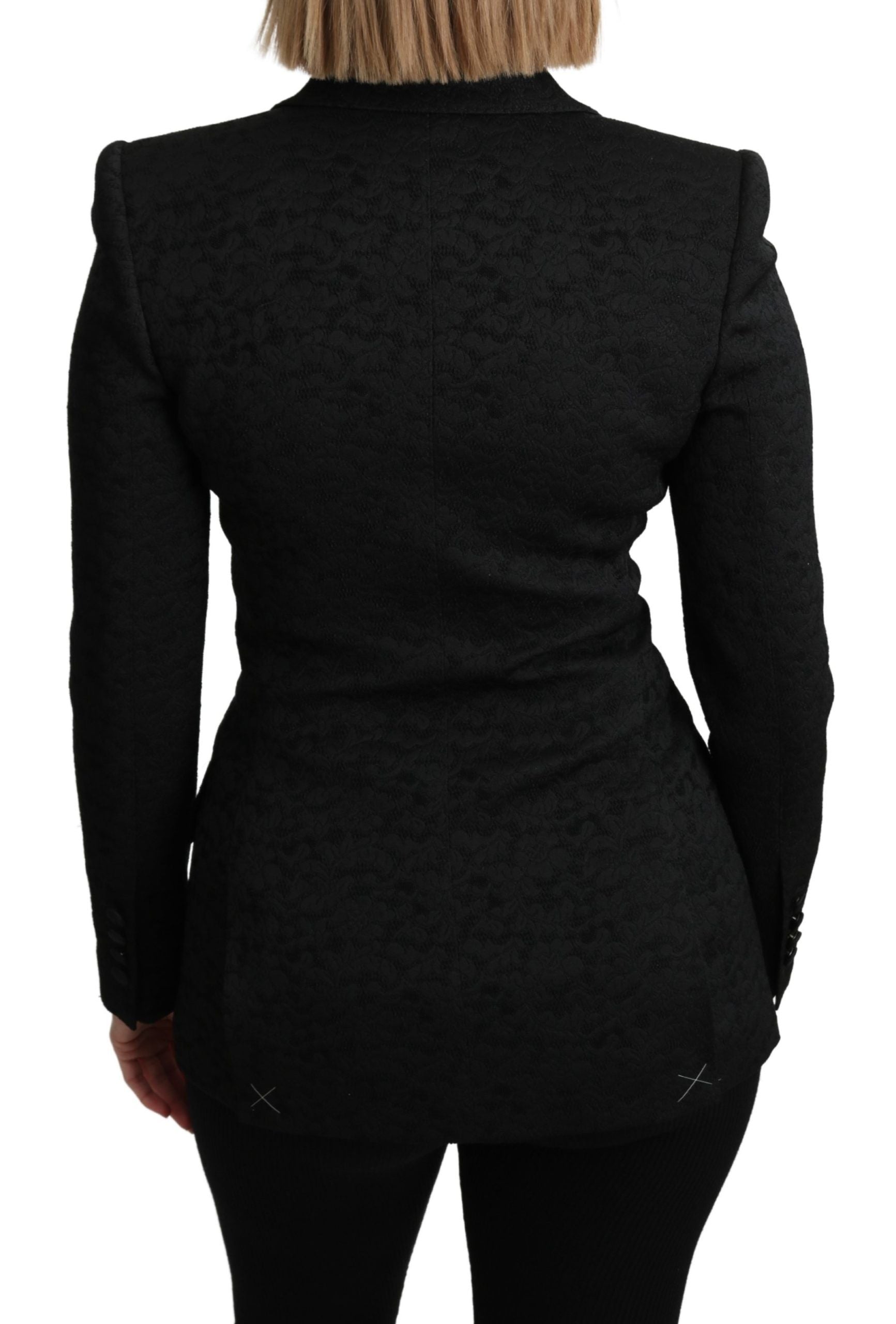 Black brocade single-breasted blazer jacket by Dolce & Gabbana, featuring intricate floral patterns and classic tailored fit.