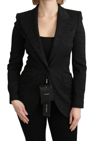 Dolce & Gabbana black brocade single-breasted blazer jacket with tailored fit and intricate pattern, front view.