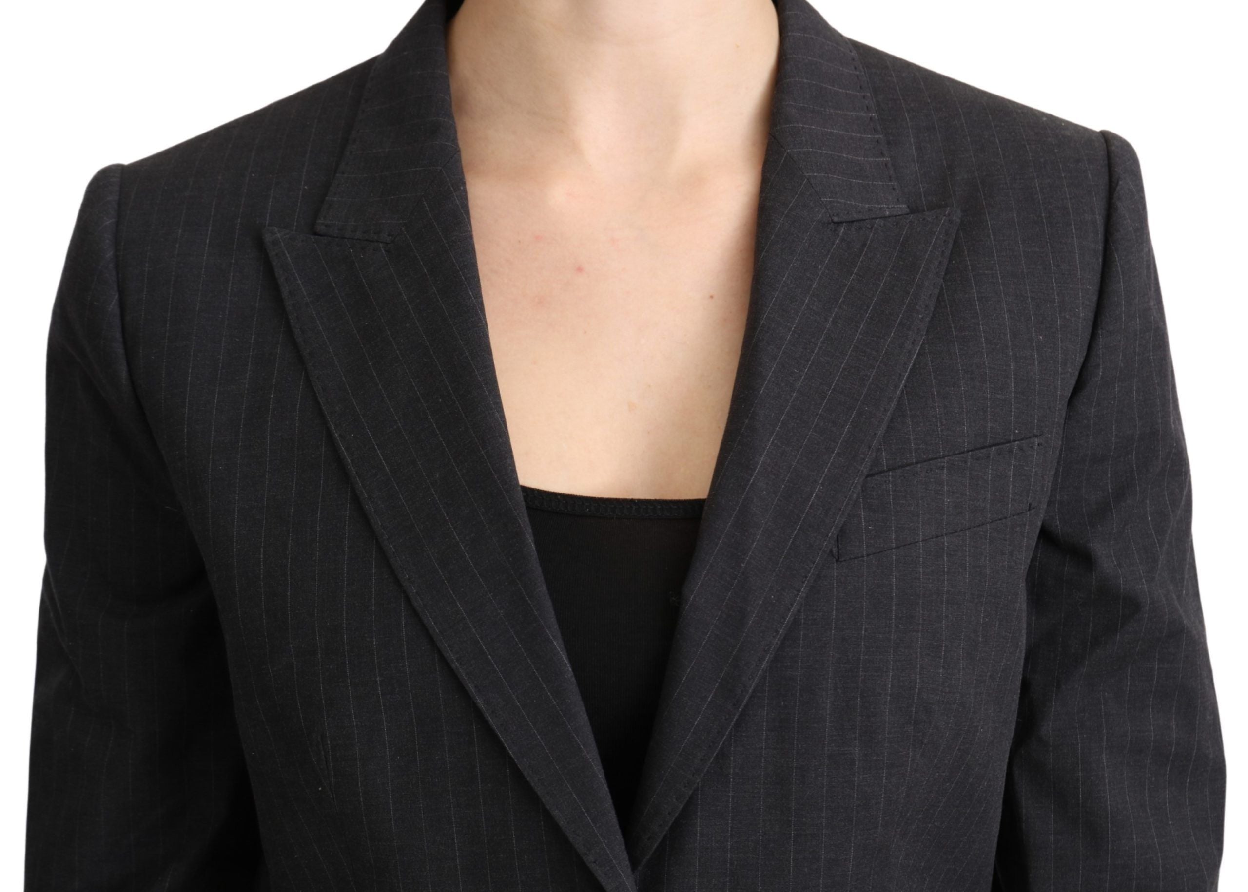 Gray single-breasted cotton blazer by Dolce & Gabbana, tailored fit with notch lapel and button closure, displayed on a hanger.