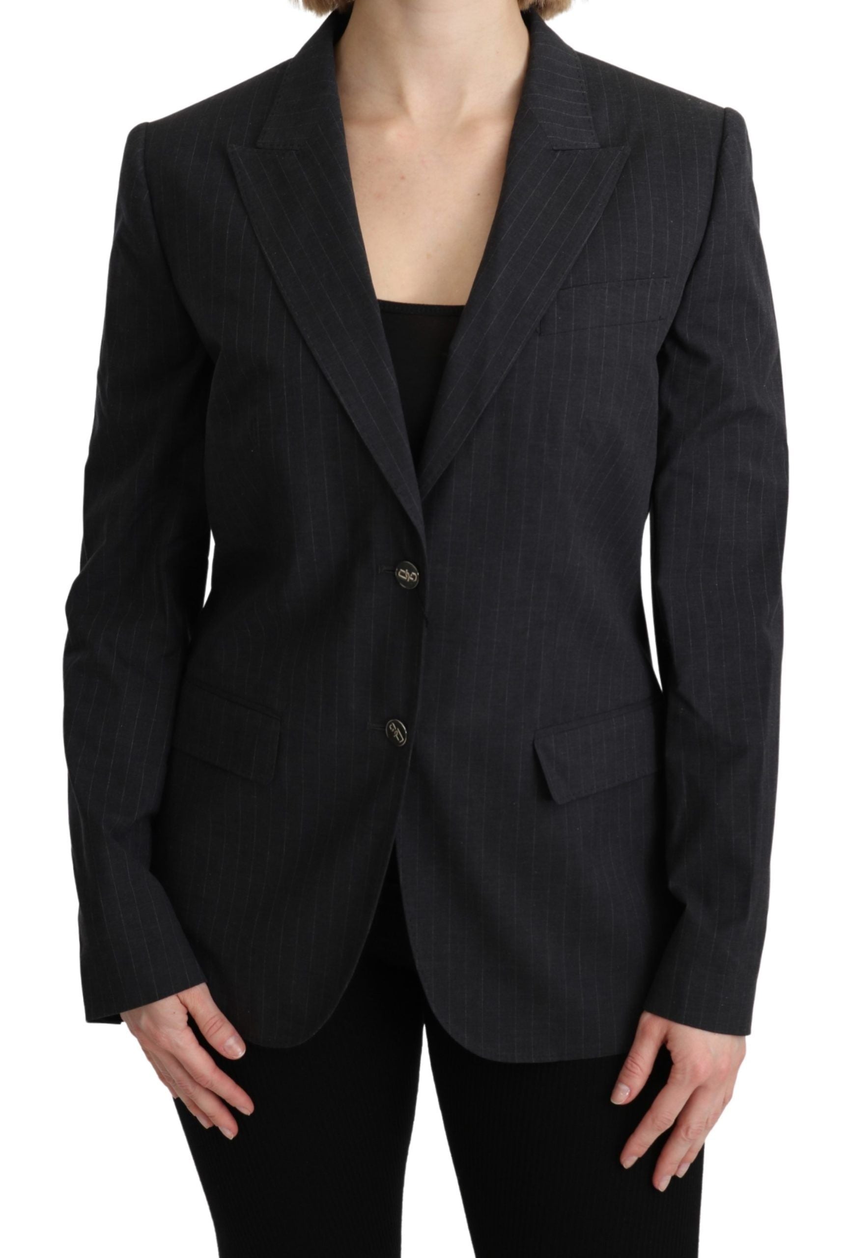 Gray Dolce & Gabbana single-breasted blazer cotton jacket with notch lapels and button closure, shown on a hanger.