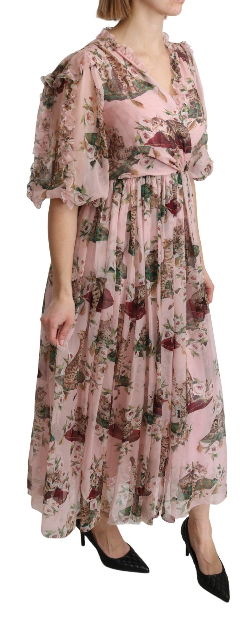 Pink Bengal cat print A-line maxi silk dress by Dolce & Gabbana, featuring a vibrant feline pattern and elegant flowing design.