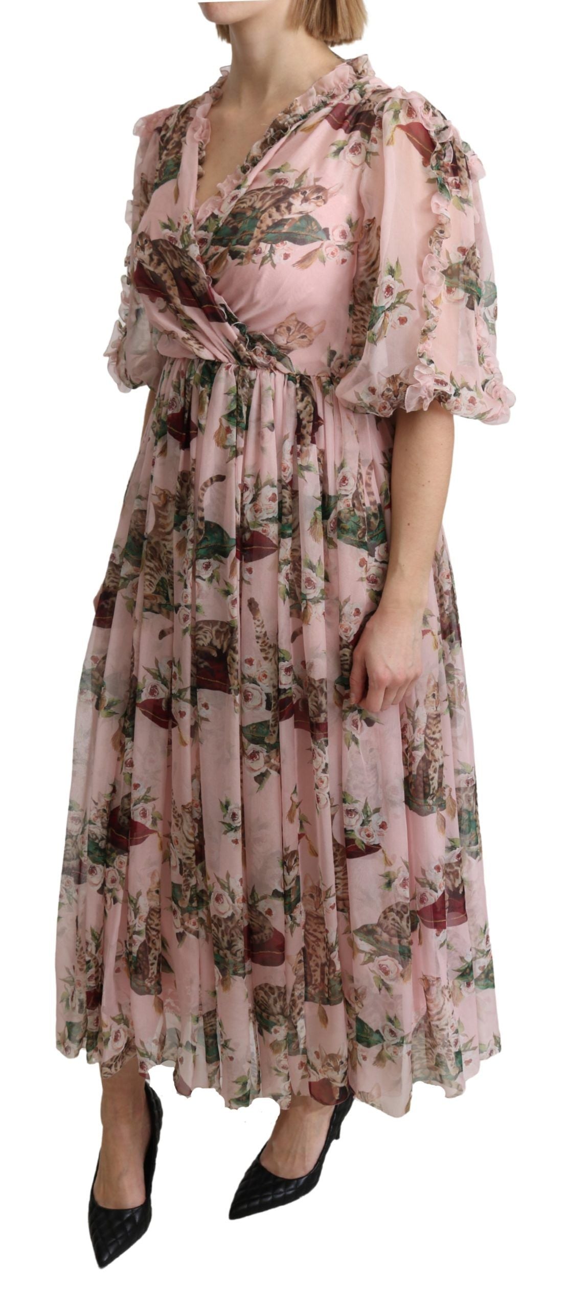 Pink Bengal cat print A-line maxi silk dress by Dolce & Gabbana, featuring a flowing silhouette and vibrant animal motif.