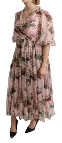 Pink Bengal cat print A-line maxi silk dress by Dolce & Gabbana, featuring a flowing silhouette and vibrant animal motif.
