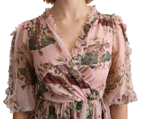 Pink Bengal cat print A-line maxi silk dress by Dolce & Gabbana, featuring a vibrant feline pattern and elegant flowing design.