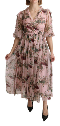 Pink Bengal cat print Dolce & Gabbana silk A-line maxi dress displayed on a model.