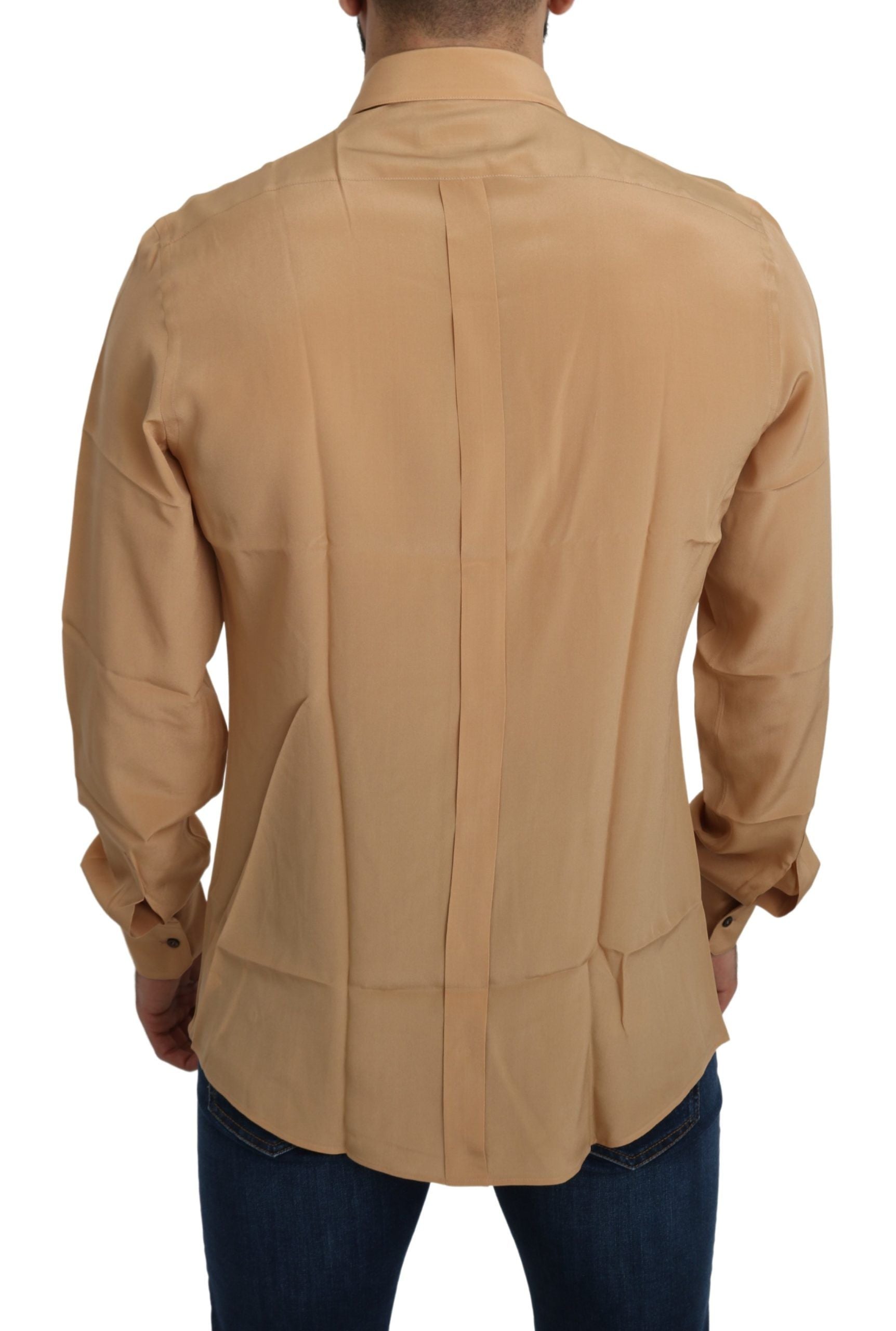 Yellow 100% silk gold top slim shirt by Dolce & Gabbana, featuring a sleek fit and elegant design.