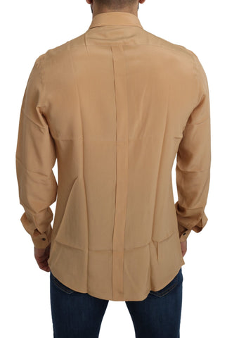 Yellow 100% silk gold top slim shirt by Dolce & Gabbana, featuring a sleek fit and elegant design.