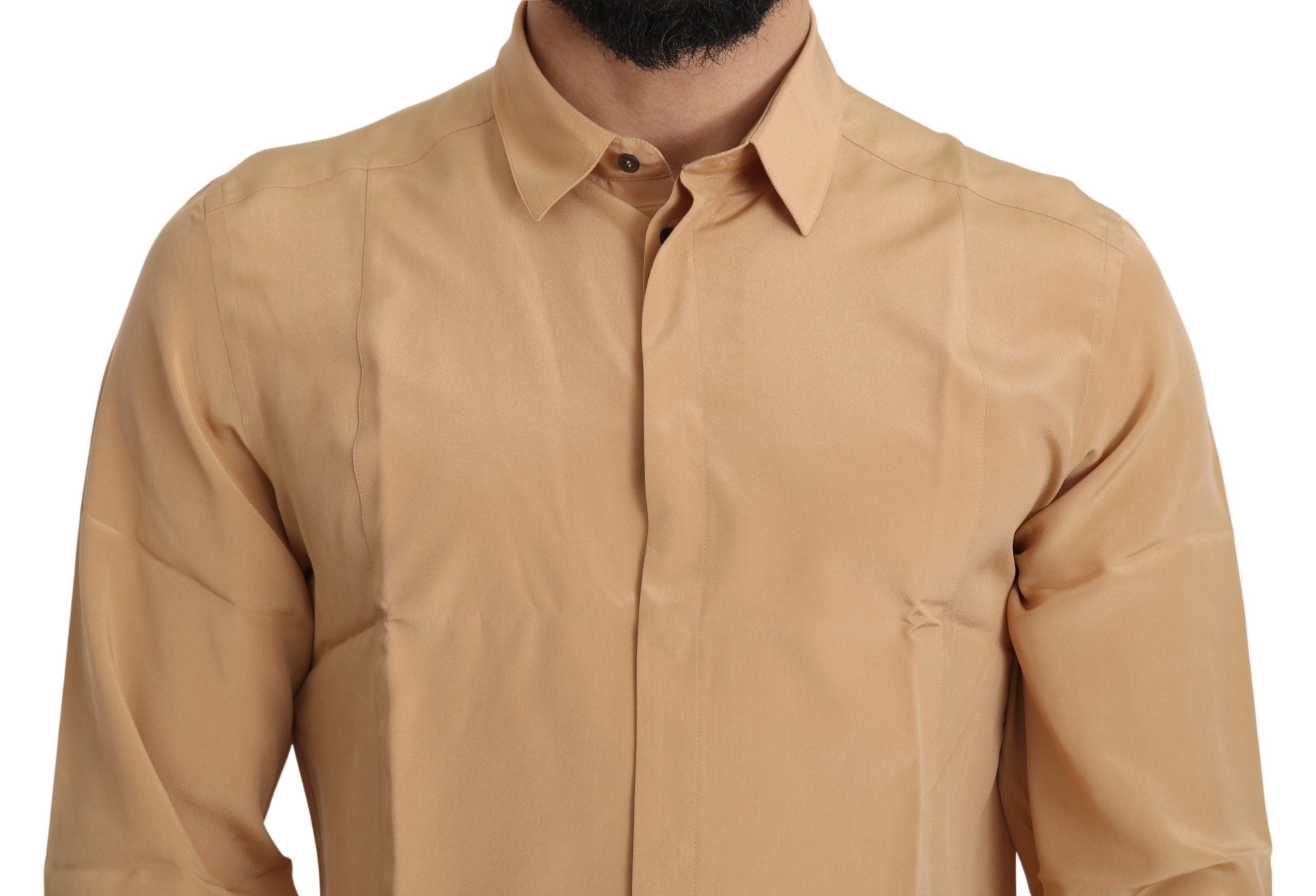 Yellow 100% silk gold top slim shirt by Dolce & Gabbana, featuring a sleek, fitted design with a stylish collar and long sleeves.
