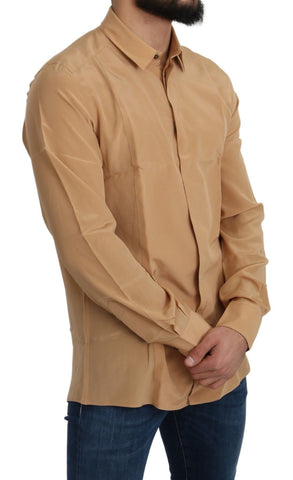 Yellow 100% silk slim fit gold top shirt by Dolce & Gabbana, featuring a sleek design and elegant silk fabric.