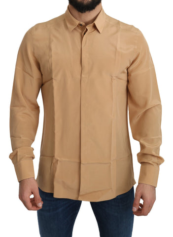 Yellow 100% silk gold top slim shirt by Dolce & Gabbana, featuring a sleek fit and luxurious fabric.