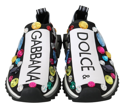 Black Dolce & Gabbana crystal sneakers with multicolor embellishments and stylish design, displayed on a plain background.