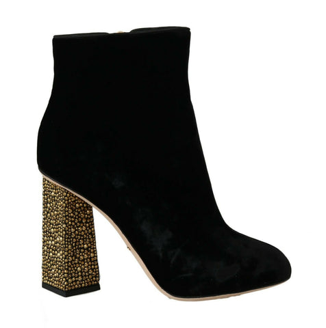 Black velvet square heels shoes with crystal embellishments by Dolce & Gabbana, showcasing a stylish, elegant design.