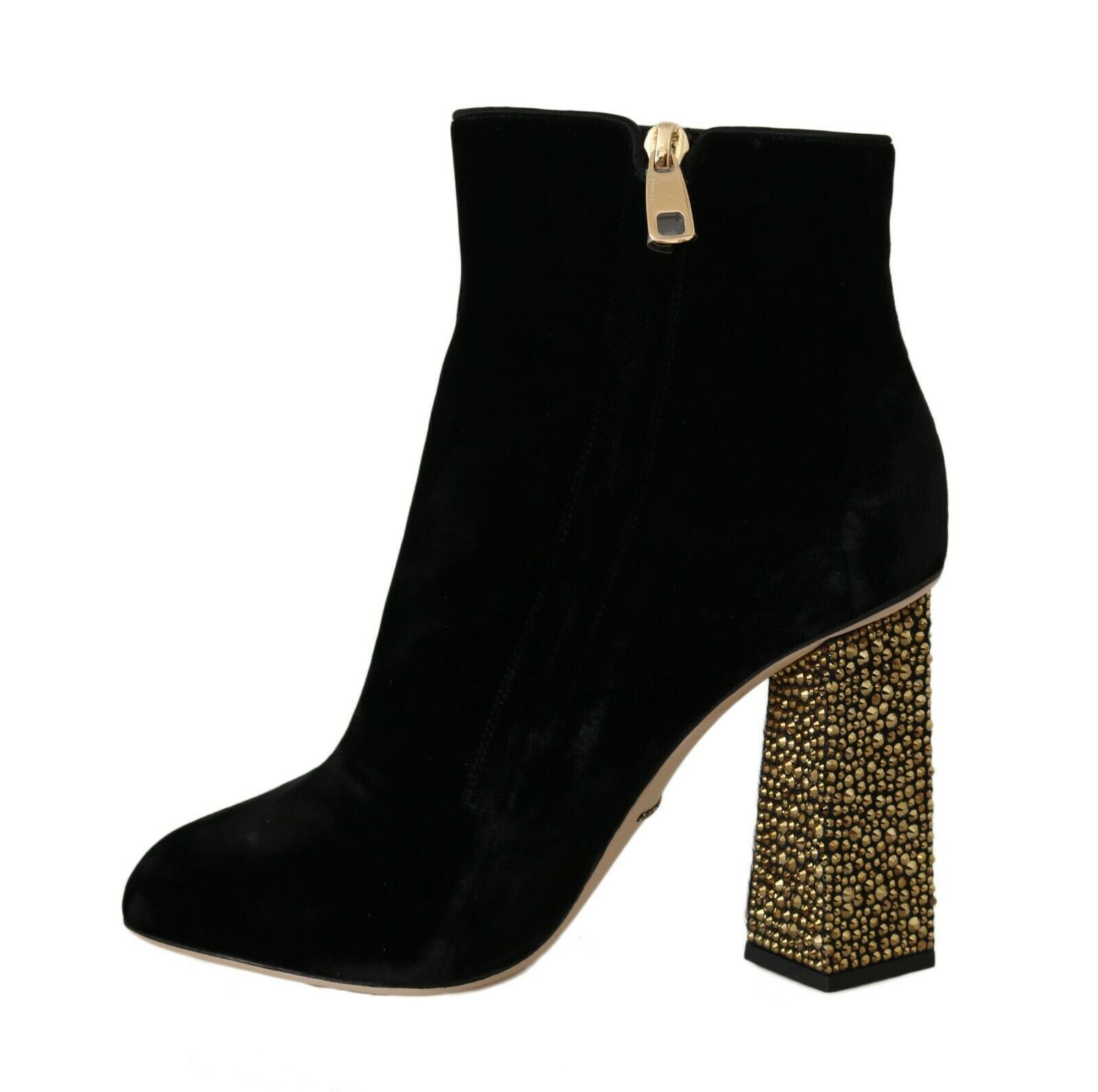Black velvet crystal square heel shoes by Dolce & Gabbana with sparkling embellishments and sleek design.