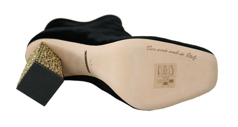 Black velvet crystal square heels shoes by Dolce & Gabbana, featuring elegant crystal embellishments and a stylish square toe design.