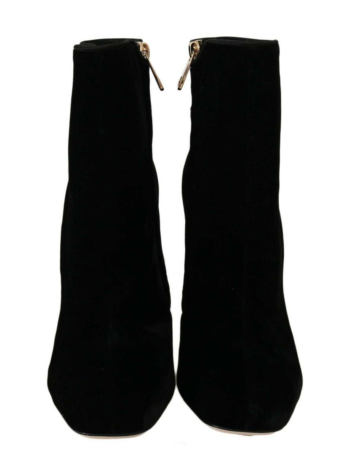 Black velvet square heel shoes with crystal embellishments by Dolce & Gabbana, showcasing elegant footwear design.