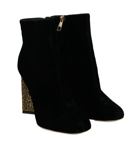 Black velvet crystal square heels shoes by Dolce & Gabbana, featuring a stylish square heel and sparkling crystal embellishments.