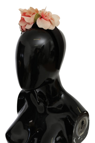 Pink silk floral headband with black accents and Dolce & Gabbana logo diadem, elegant accessory for stylish looks.