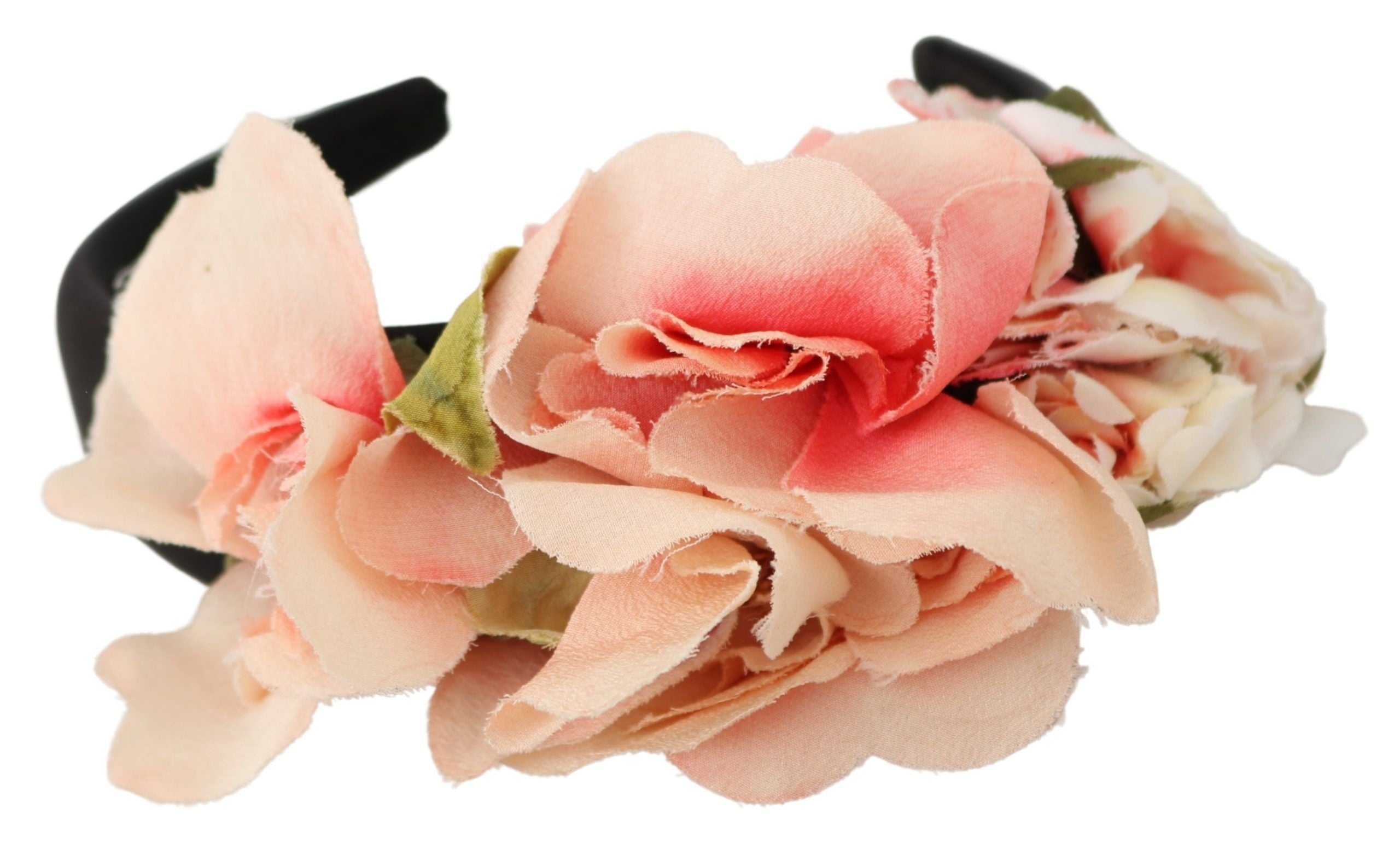 Pink silk floral headband with black floral design and Dolce & Gabbana logo diadem, styled as a luxurious fashion accessory.