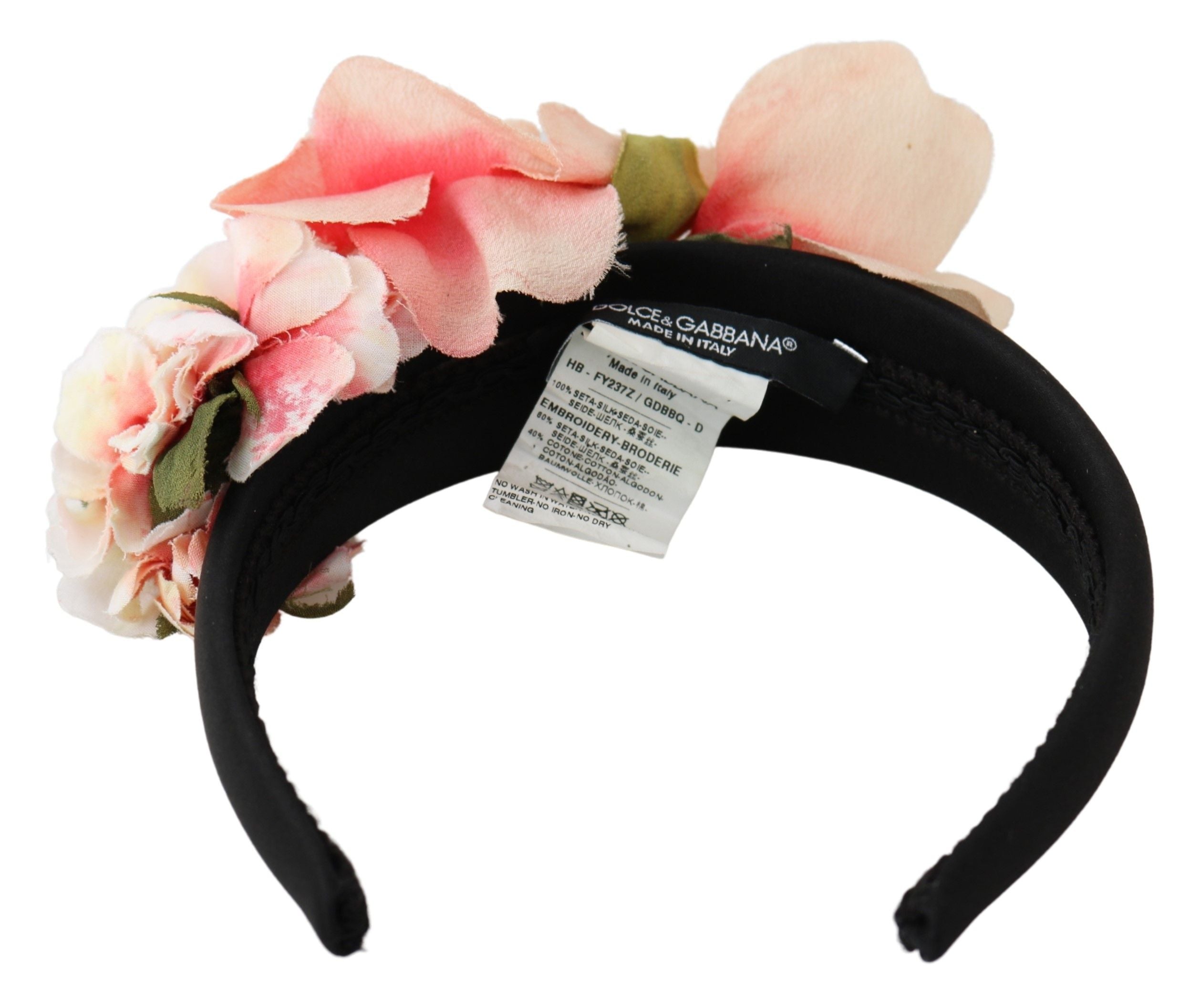 Pink silk floral headband with black floral pattern and Dolce & Gabbana logo, stylish diadem for elegant fashion accessories.
