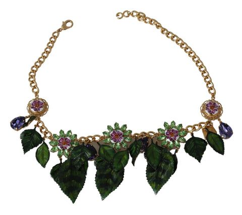 Green leaves and gold brass crystal flower pendant necklace by Dolce & Gabbana, featuring intricate floral design and elegant craftsmanship.
