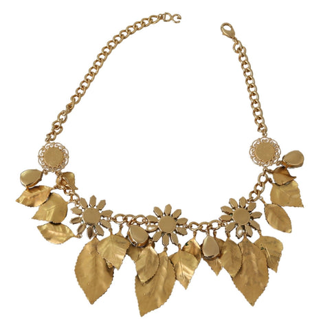 Green leaves and gold brass crystal flower pendant necklace from Dolce & Gabbana featuring intricate floral design and elegant craftsmanship.
