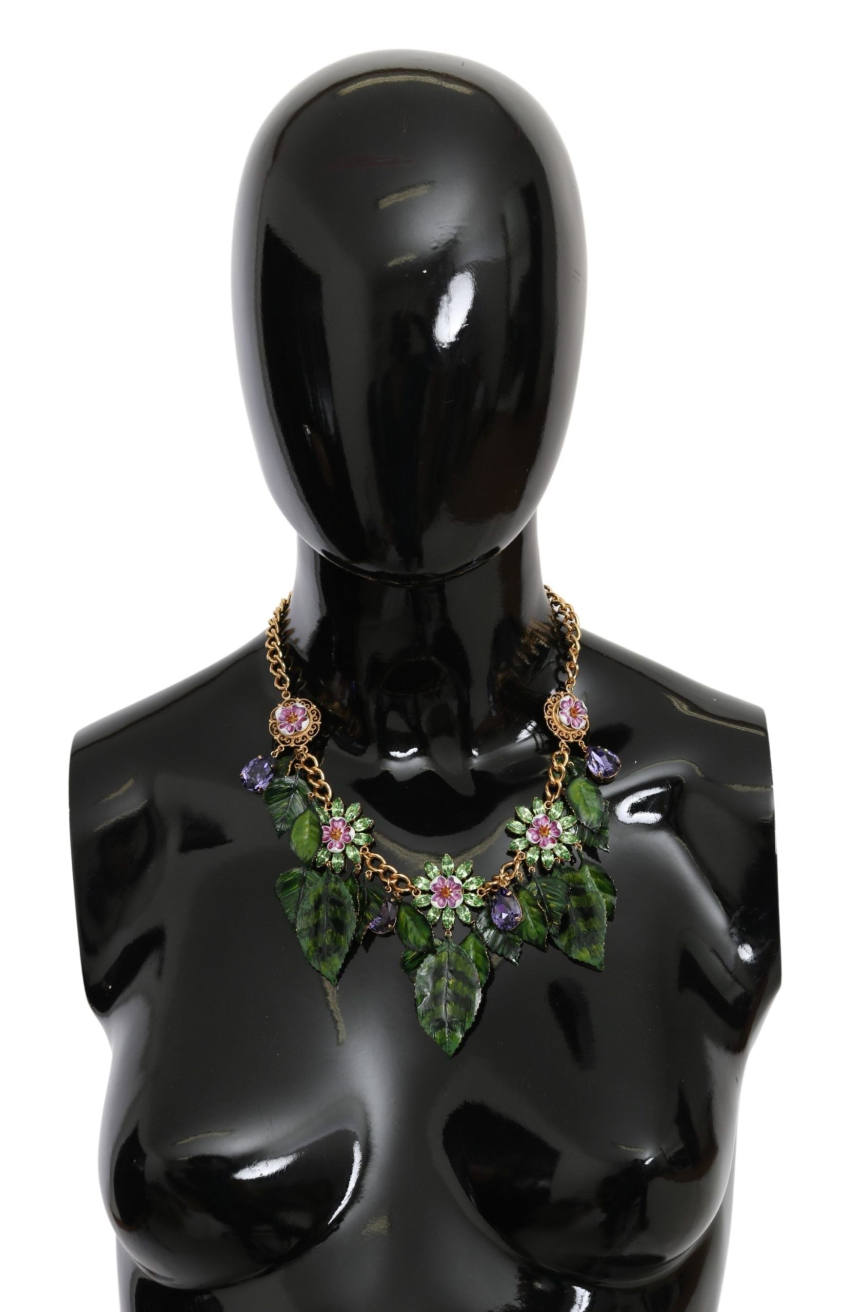 Green leaves and crystal flower pendant necklace with gold brass chain from Dolce & Gabbana, showcasing intricate floral jewelry design.