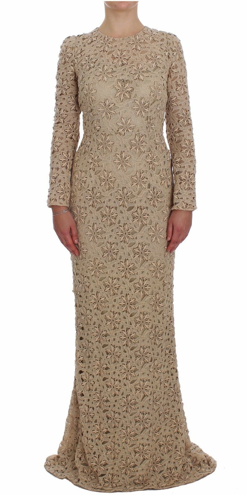 Beige floral lace sheath maxi dress by Dolce & Gabbana, featuring intricate lace details and a fitted silhouette.