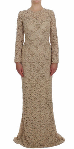 Beige floral lace sheath maxi dress by Dolce & Gabbana, featuring intricate lace details and a fitted silhouette.
