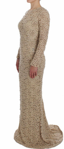 Beige floral lace sheath maxi dress by Dolce & Gabbana, featuring intricate lace details and a fitted silhouette.