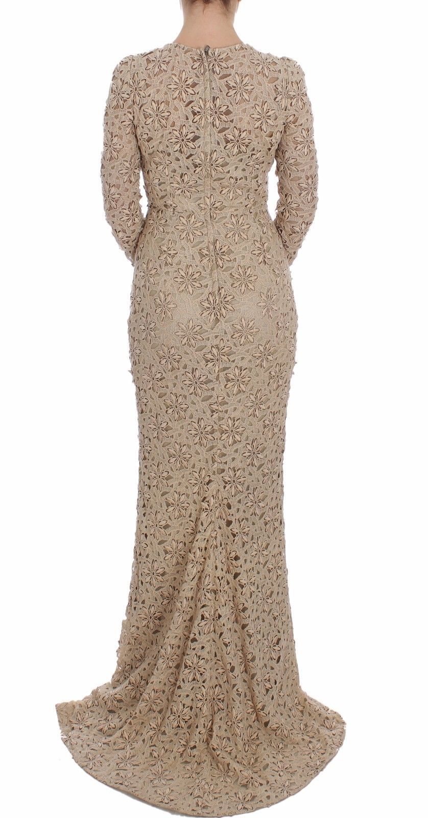 Beige floral lace sheath maxi dress by Dolce & Gabbana, featuring a fitted silhouette and intricate floral lace details.