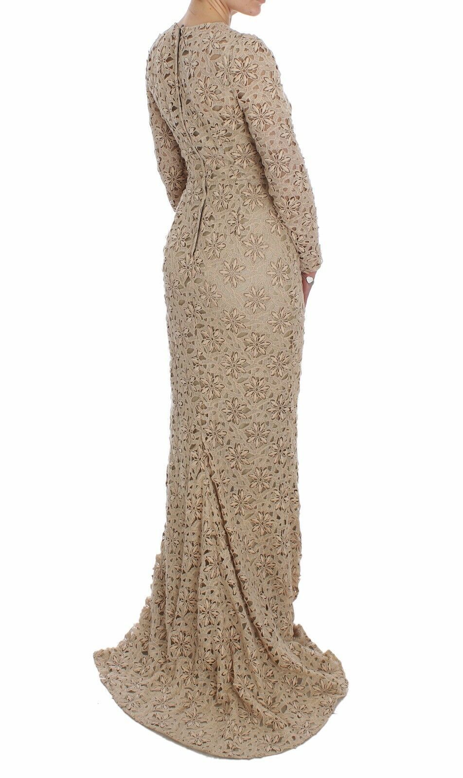 Beige floral lace sheath maxi dress by Dolce & Gabbana, featuring intricate lace details and a fitted silhouette.