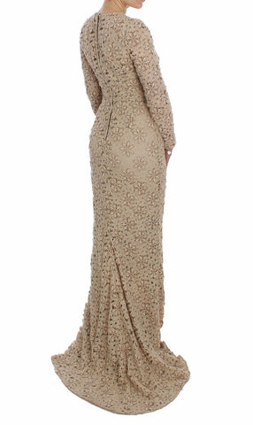 Beige floral lace sheath maxi dress by Dolce & Gabbana, featuring intricate lace details and a fitted silhouette.