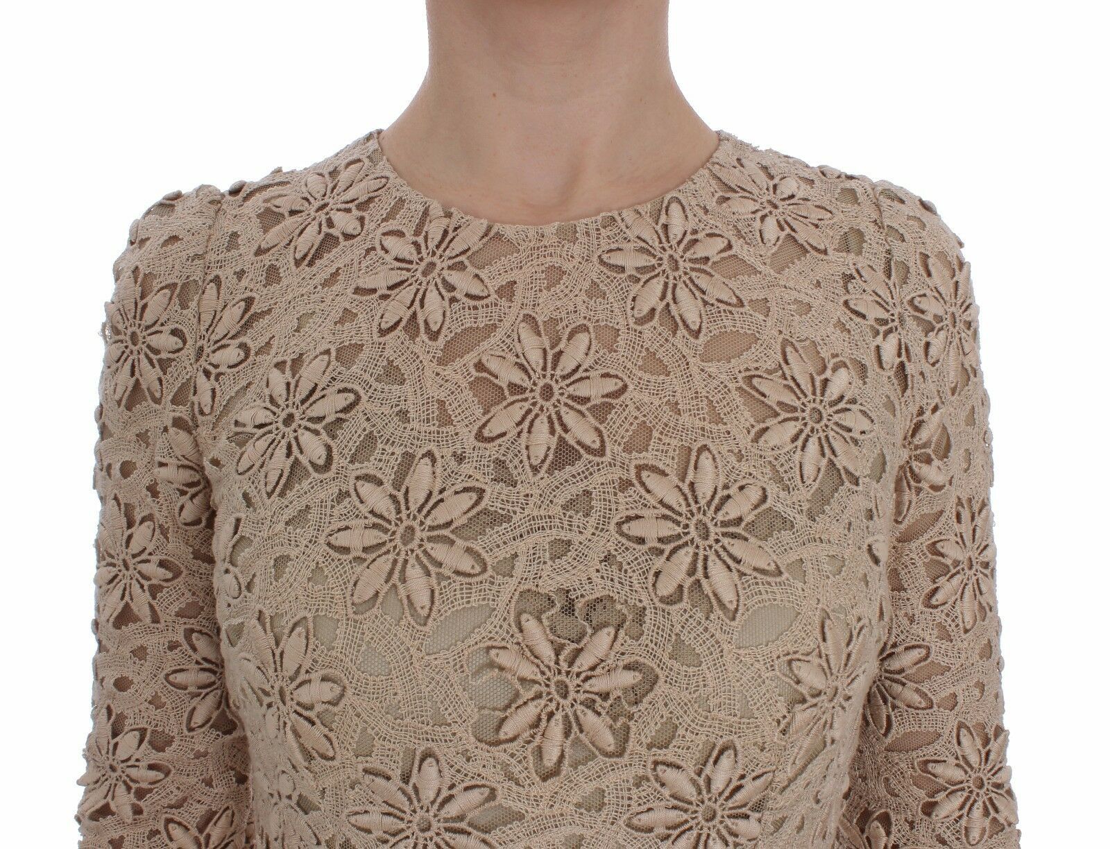 Beige floral lace sheath maxi dress by Dolce & Gabbana, featuring intricate lace details and a fitted silhouette.