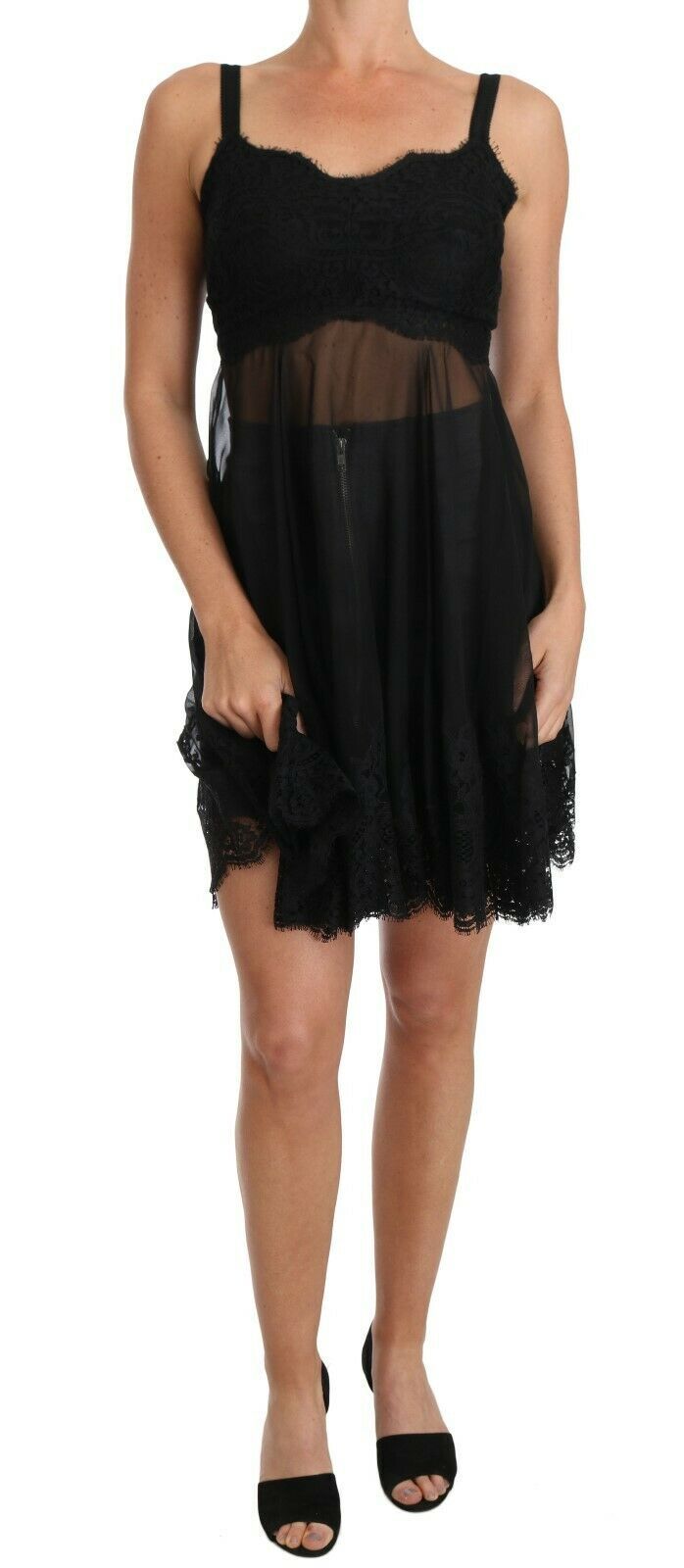 Black silk lace chemise lingerie by Dolce & Gabbana, featuring delicate lace details and smooth silky fabric.