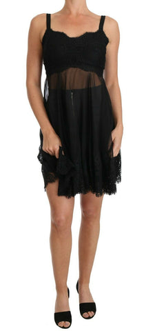 Black silk lace chemise lingerie by Dolce & Gabbana, featuring delicate lace details and smooth silky fabric.